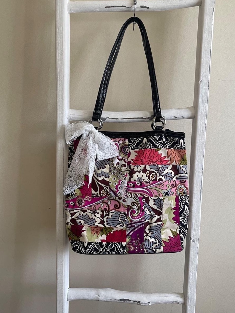Vera Bradley Floral Patchwork Tote Bag with Lace Bow - Multicolor